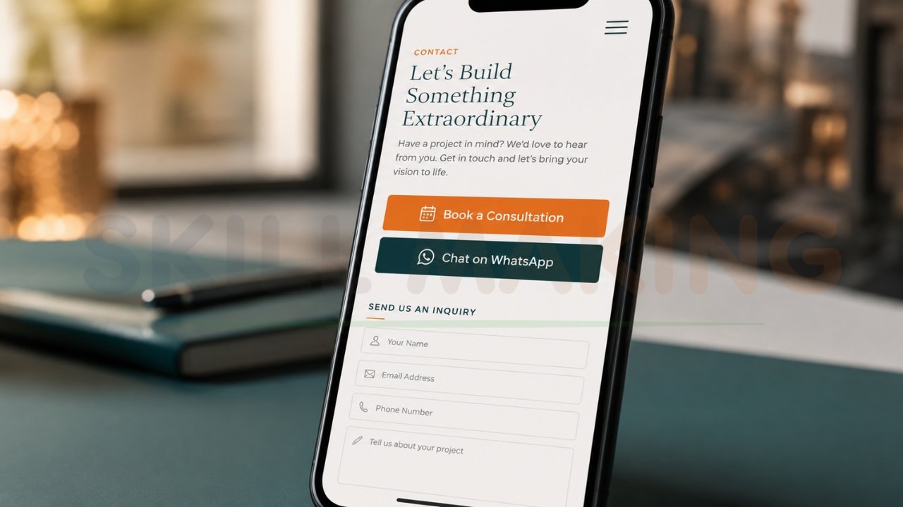 Architect website contact page displayed on smartphone with consultation booking, WhatsApp chat button, and project inquiry form
