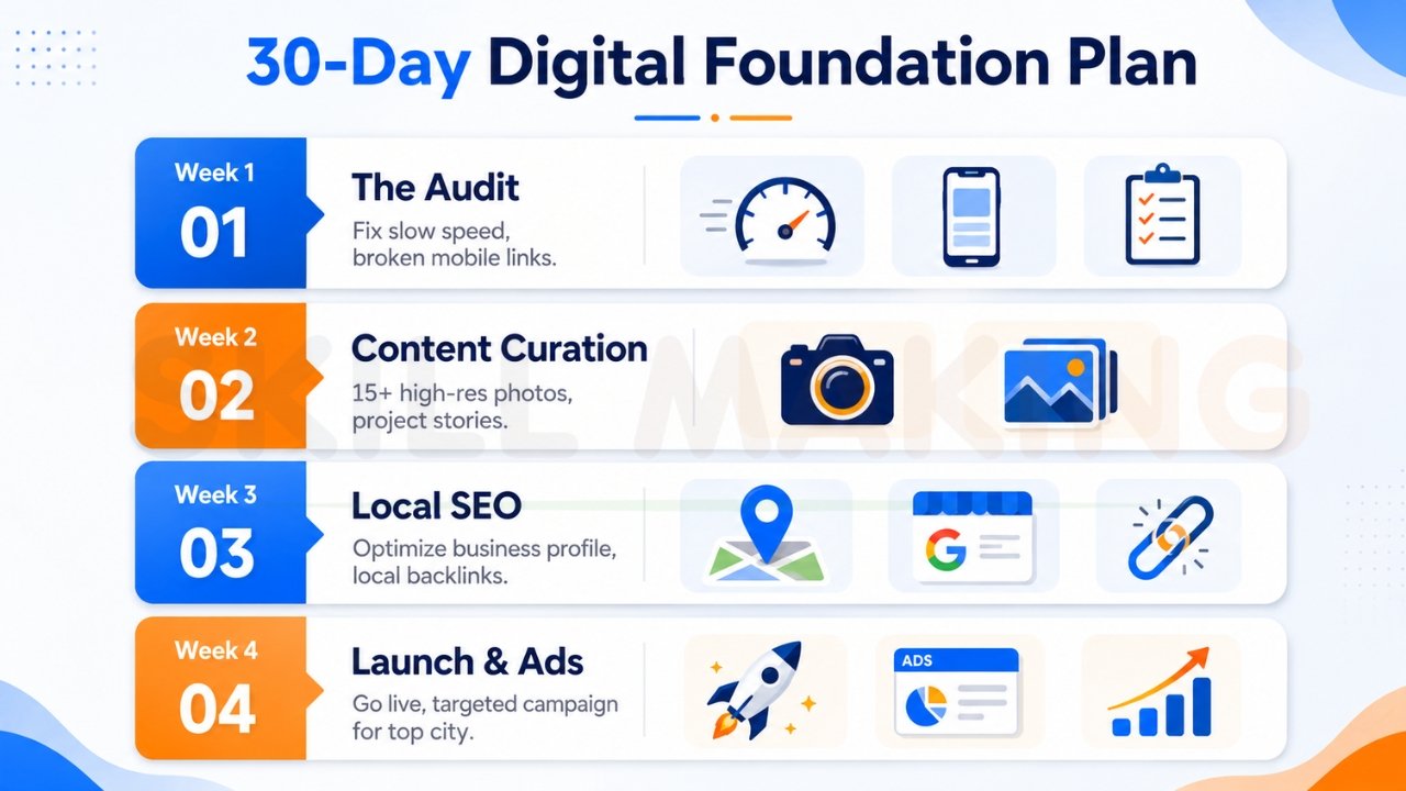 30-day digital foundation plan infographic showing website audit, content creation, local SEO, and online launch strategy timeline