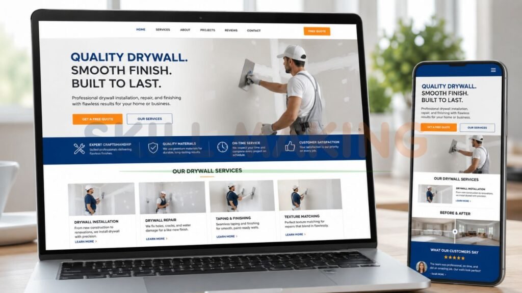 Responsive drywall contractor website design displayed on laptop and mobile phone for drywall installation and repair services in Florida