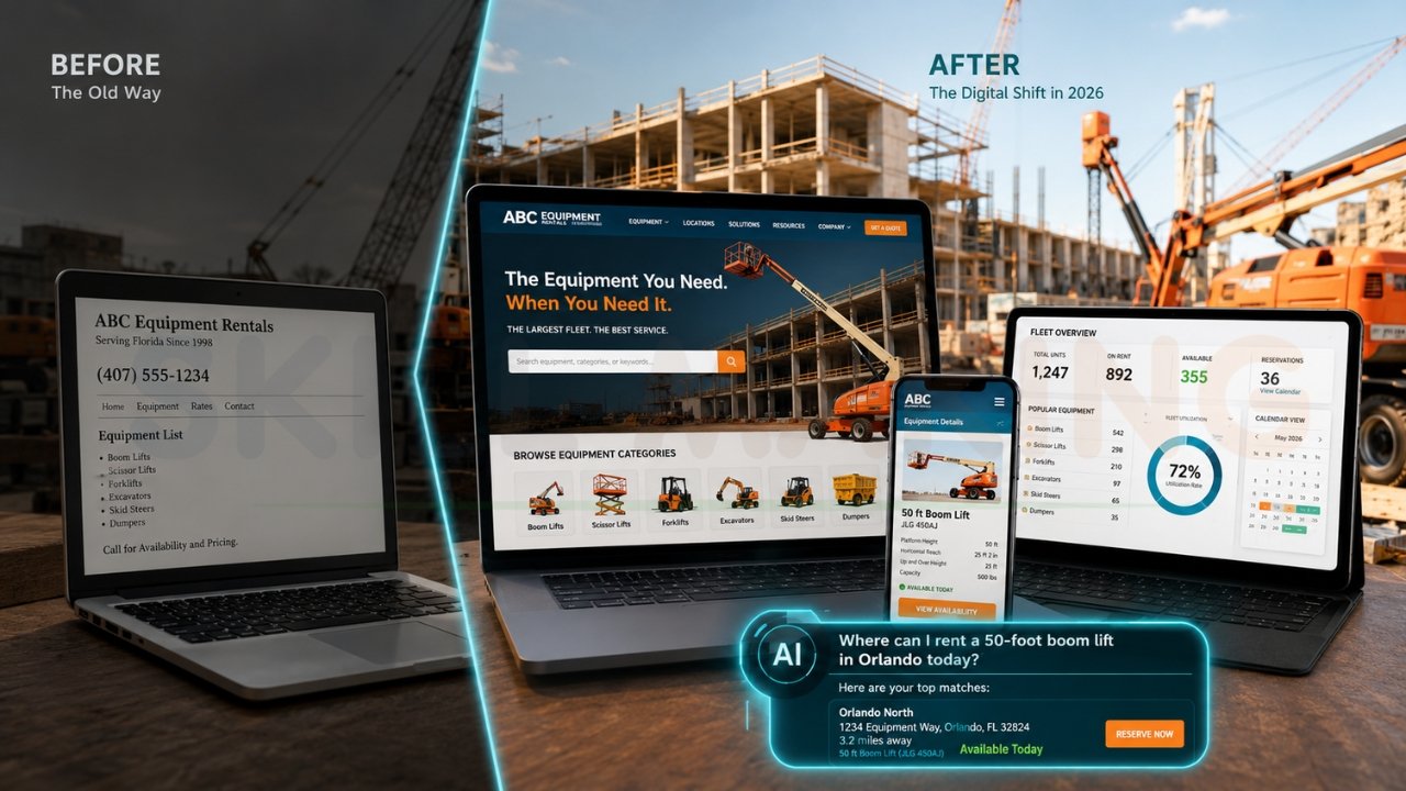 Before and after comparison of an equipment rental company website showing outdated design versus modern AI-powered rental platform