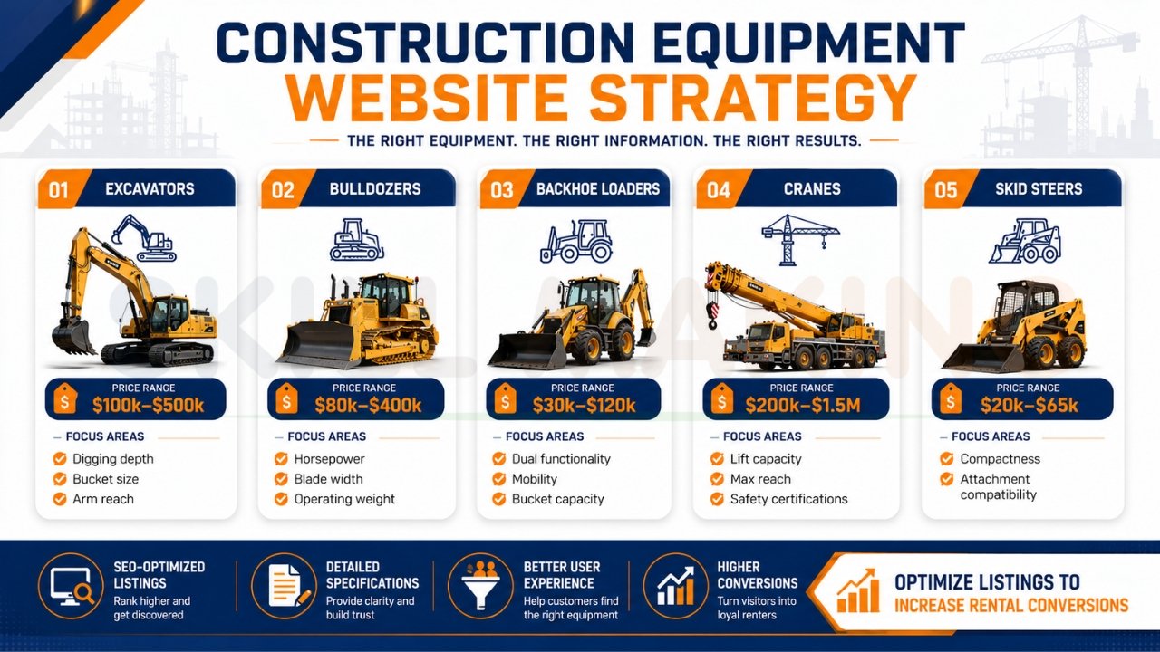 Construction equipment website strategy infographic featuring excavators, bulldozers, backhoe loaders, cranes, and skid steers with pricing and SEO benefits