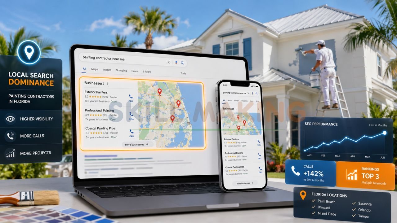 Laptop and smartphone showing Google local search rankings for painting contractors in Florida with SEO performance and lead generation analytics.