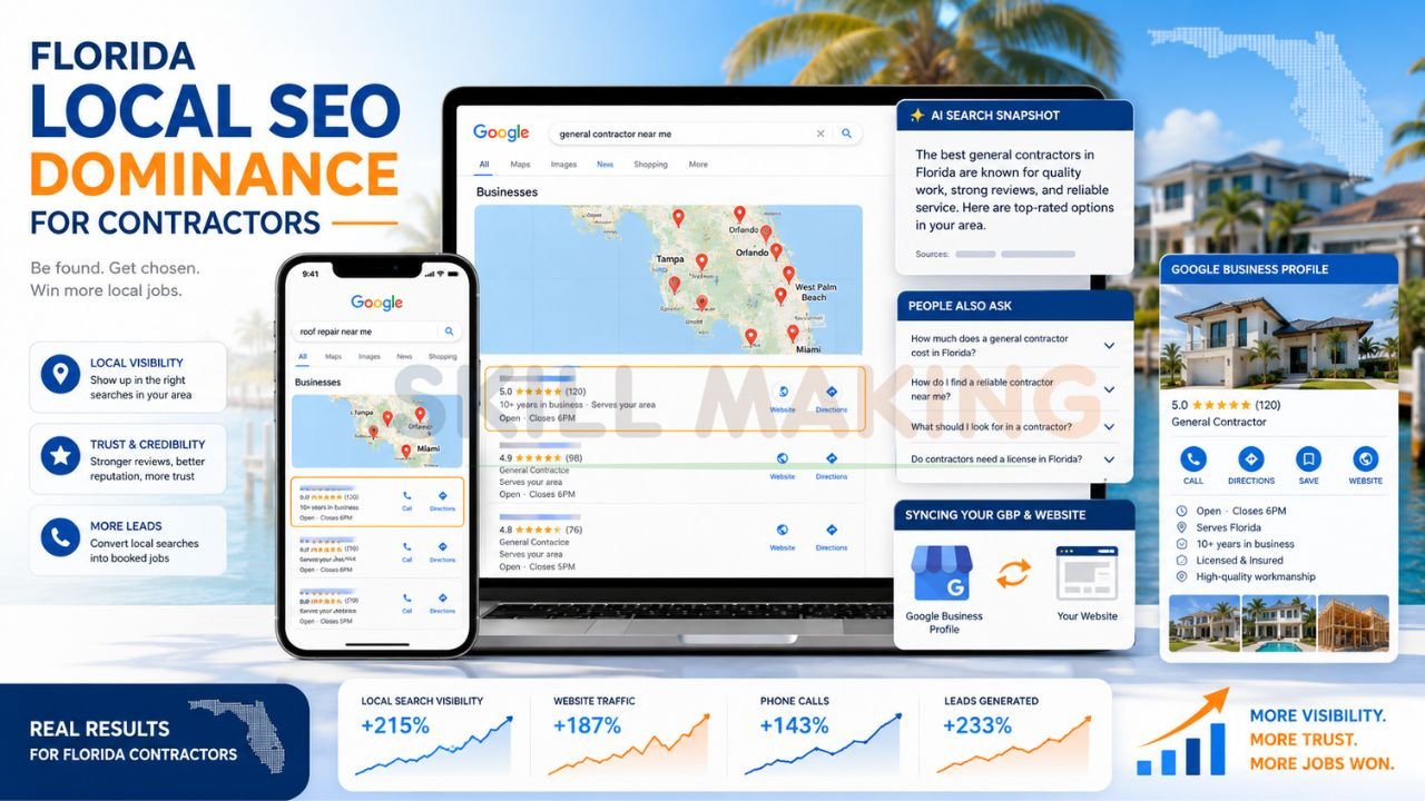 Laptop and smartphone displaying Google Maps rankings and local SEO marketing for Florida general contractors and home service businesses.
