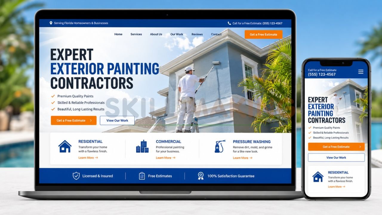 Exterior painting contractor website displayed on laptop and smartphone with responsive web design for residential and commercial painting services.