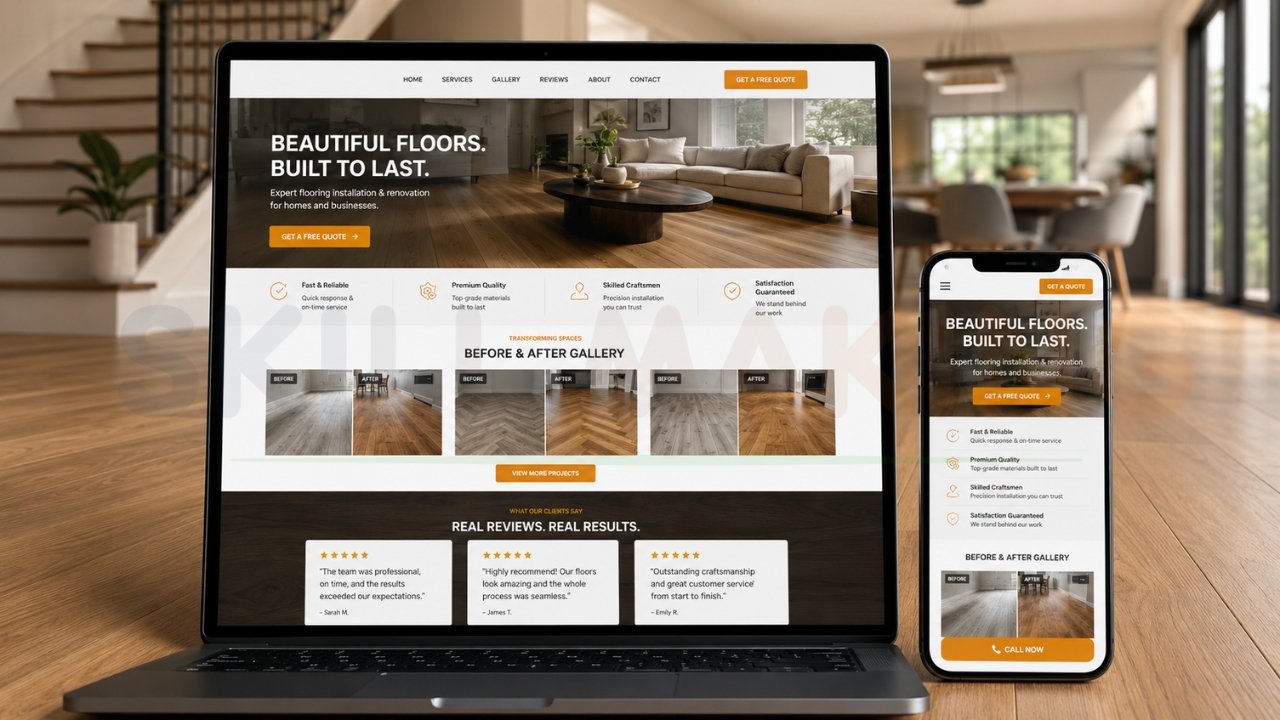 Modern flooring contractor website design with mobile-friendly layout, gallery, reviews, and quote CTA