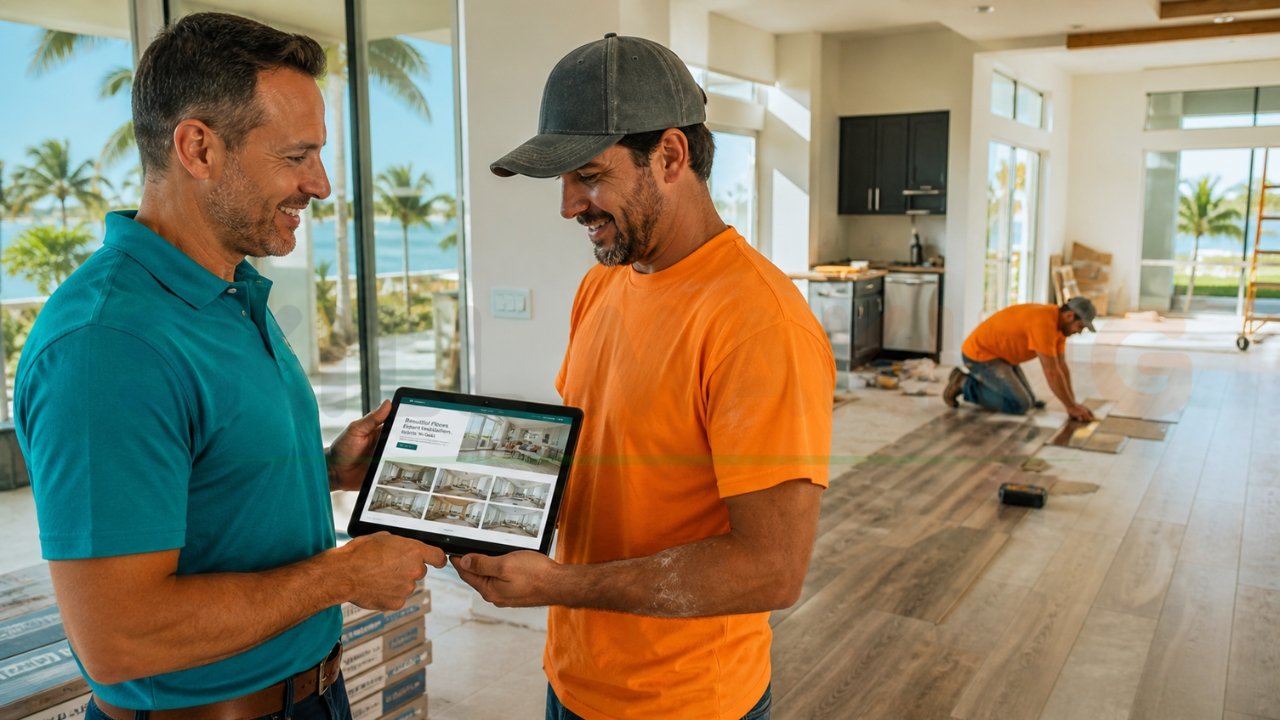 Flooring contractor showing a client flooring designs on a tablet during a home renovation project