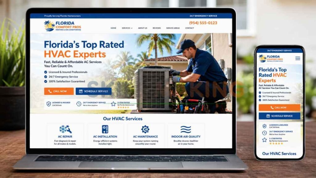 Responsive HVAC contractor website displayed on laptop and smartphone for Florida heating and air conditioning services.