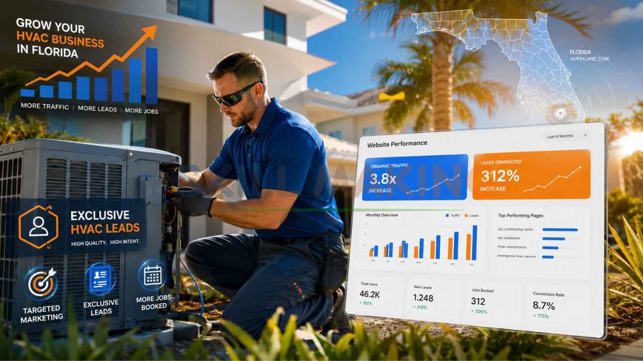 HVAC technician repairing outdoor air conditioning unit with marketing analytics dashboard showing lead generation and business growth in Florida.