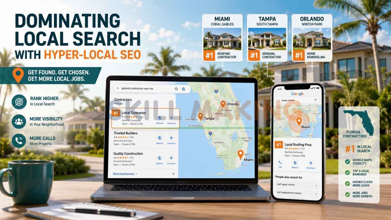 Laptop and smartphone showing Google Maps contractor rankings with hyper-local SEO marketing for Florida businesses in Miami, Tampa, and Orlando.