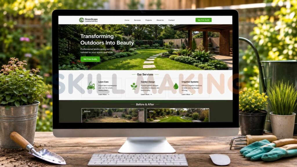 modern landscaping contractor website design featuring lawn care garden design and irrigation services for residential outdoor spaces