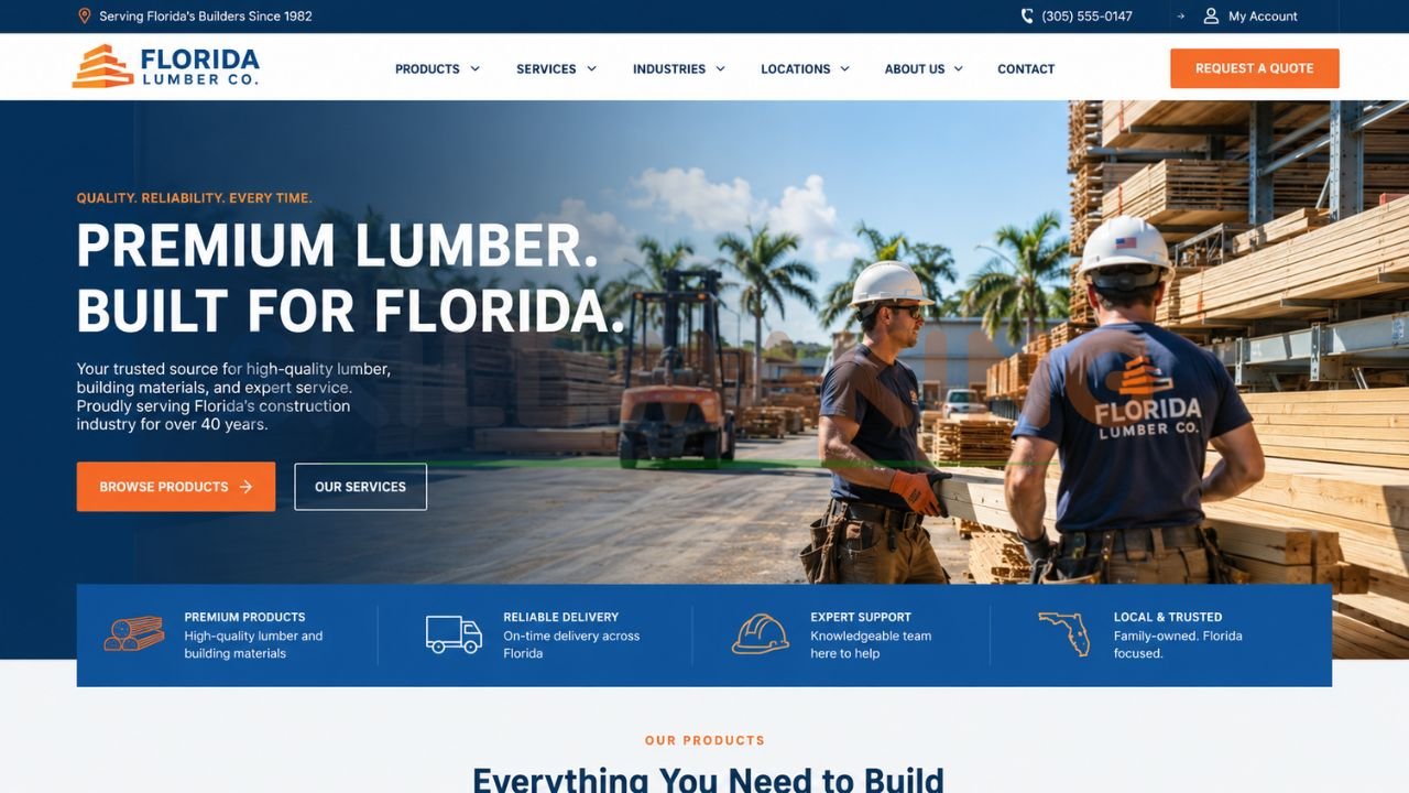 Professional website design for a Florida lumber company with construction materials, delivery services, and contractor-focused branding