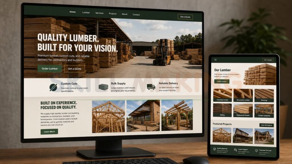 modern lumber contractor website design featuring timber supply custom cuts bulk lumber delivery and building materials