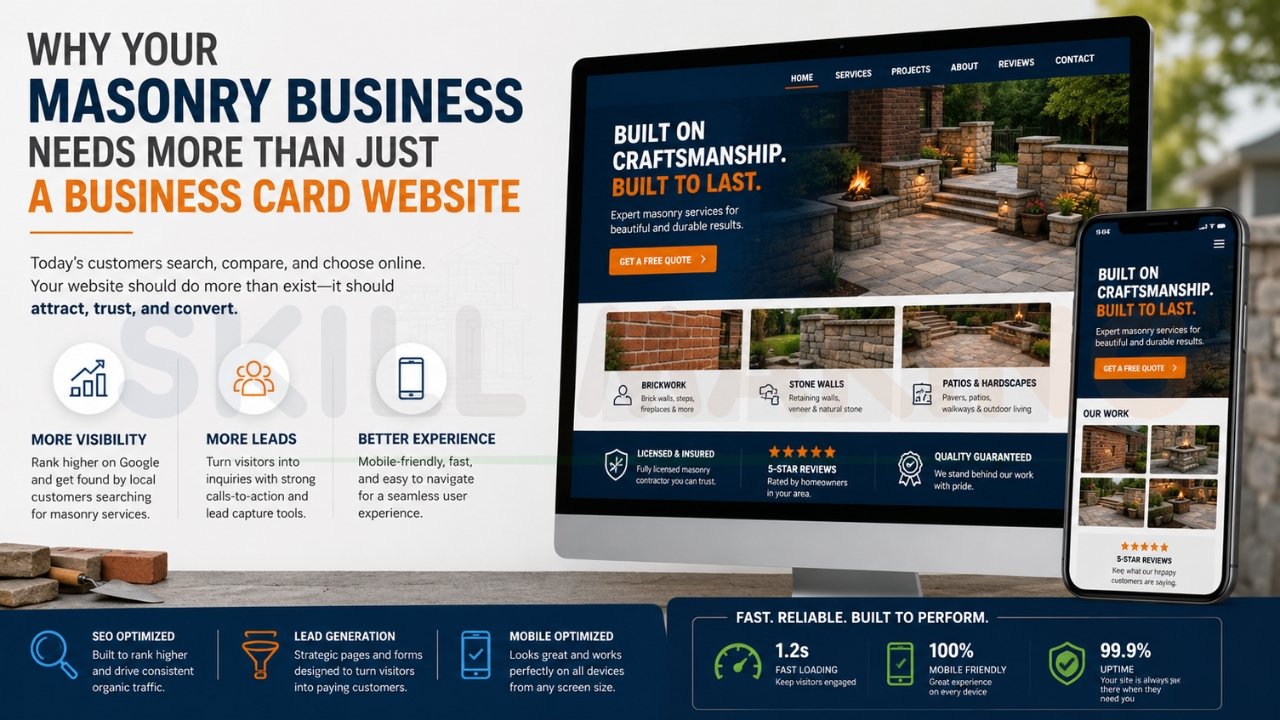 Website design for masonry contractors showing a modern SEO-optimized masonry business website with mobile-friendly layout, lead generation tools, and fast-loading performance
