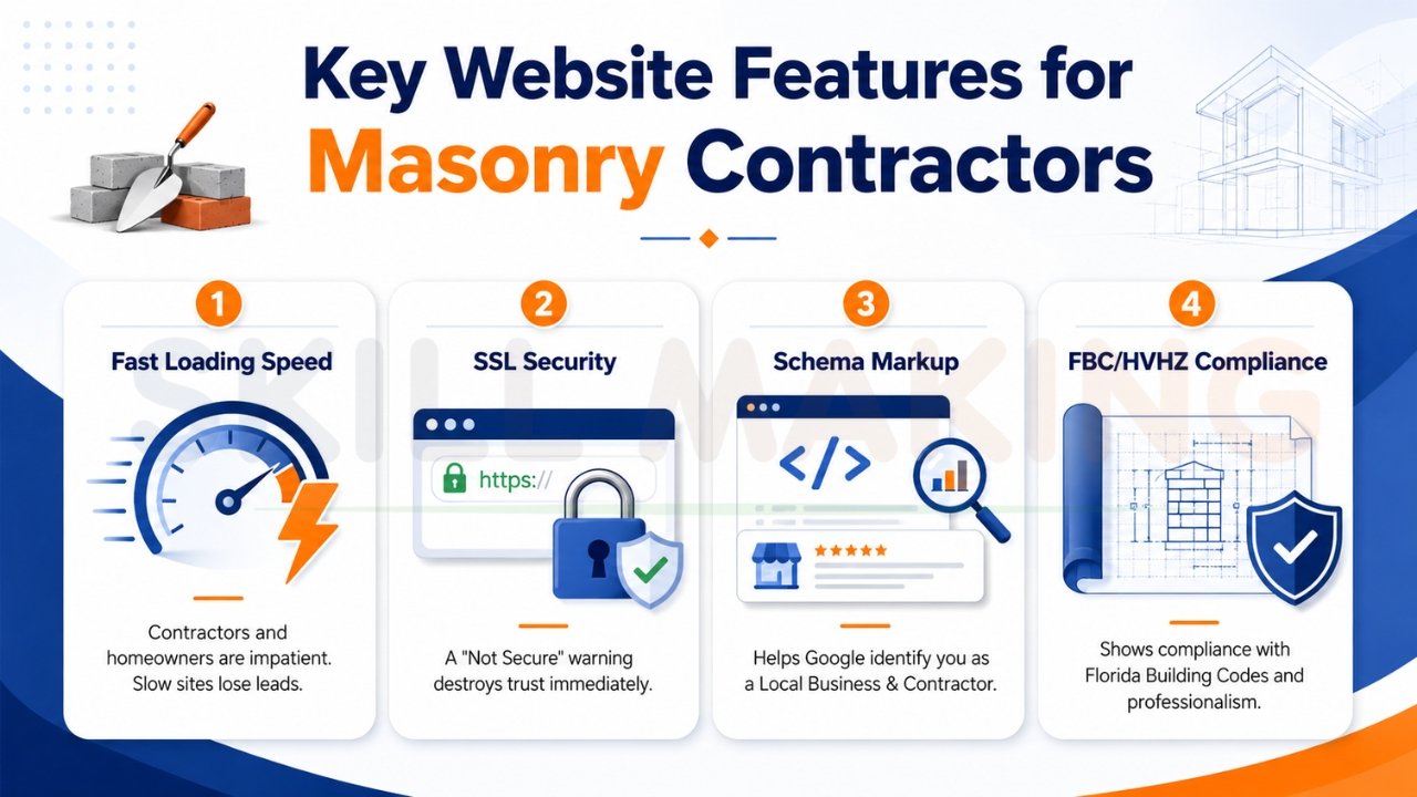 Key website features for masonry contractors infographic showing fast loading speed, SSL security, schema markup, and Florida building code compliance for contractor websites