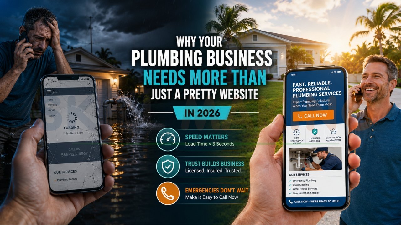 Plumbing business website comparison showing slow outdated mobile website versus fast modern plumbing website optimized for conversions in Florida