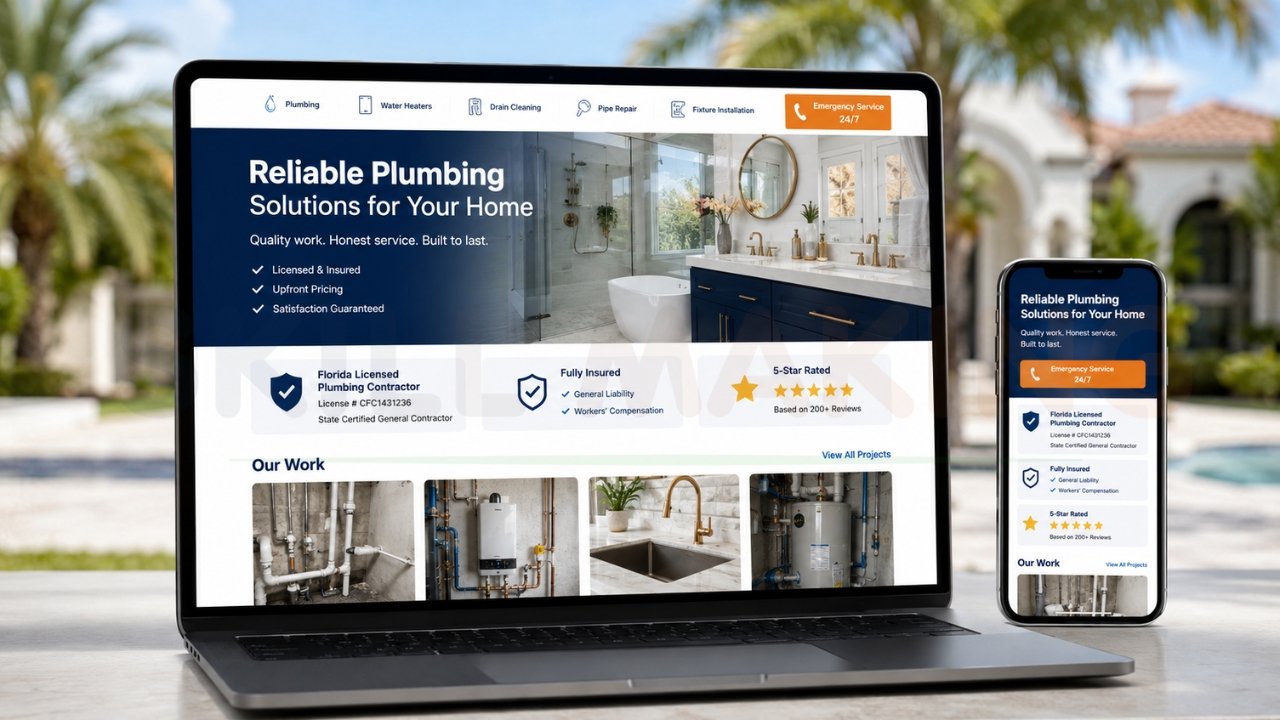 Modern plumbing contractor website design displayed on laptop and mobile featuring emergency plumbing services, licensing, reviews, and project gallery