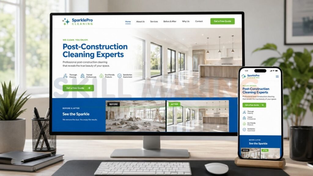 modern post construction cleaning website design showcasing cleaning services before and after renovation cleanup solutions