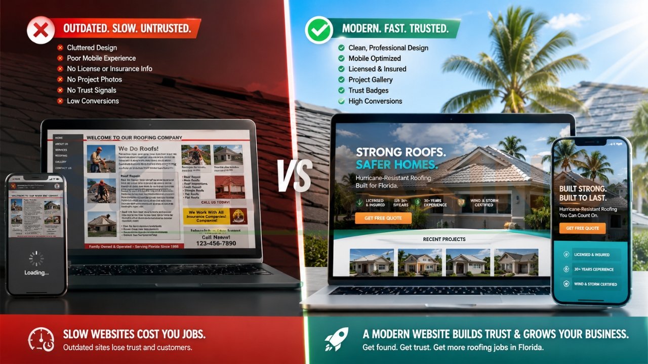 Outdated roofing website versus modern roofing website comparison showing faster speed, mobile optimization, trust signals, and higher conversions