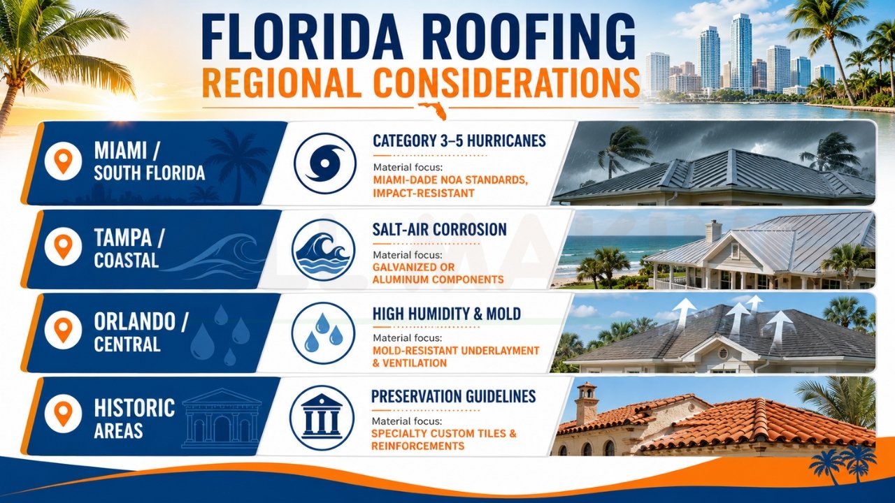Florida roofing regional considerations infographic showing roofing challenges for Miami, Tampa, Orlando, and historic Florida areas