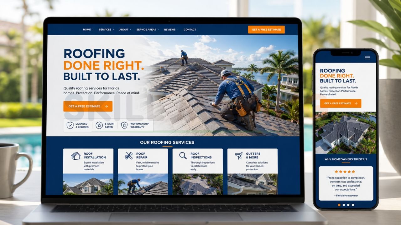 Responsive roofing contractor website design displayed on desktop and mobile devices for Florida roofing services and lead generation
