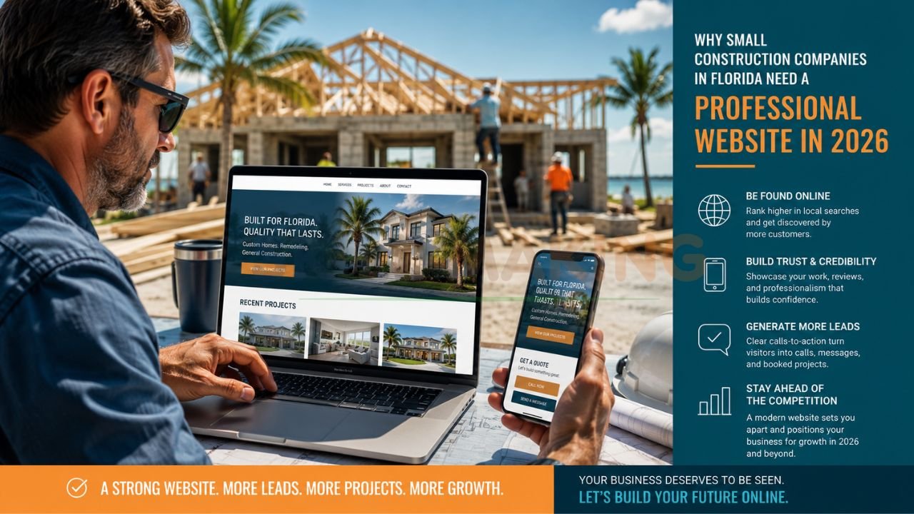 Construction contractor using laptop and smartphone to manage responsive construction company website at active Florida job site.