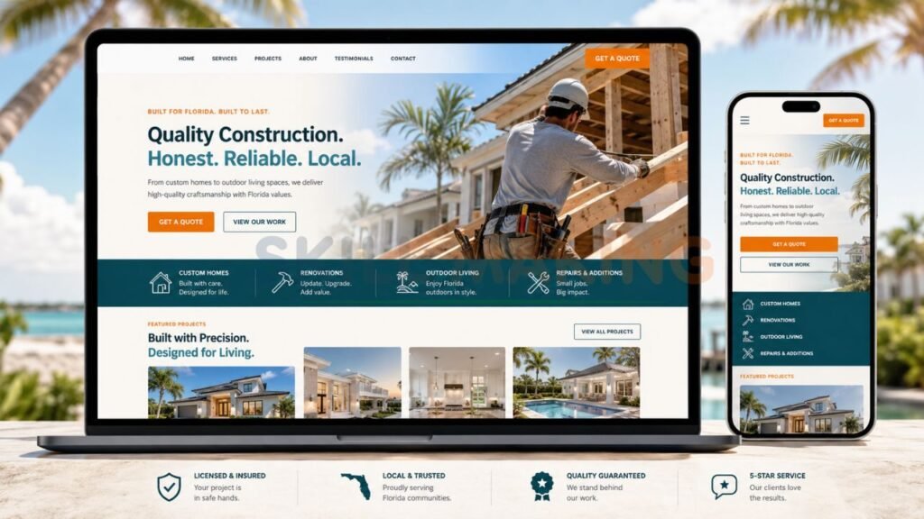 Laptop and smartphone displaying responsive construction company website with custom homes, renovations, and outdoor living services in Florida.
