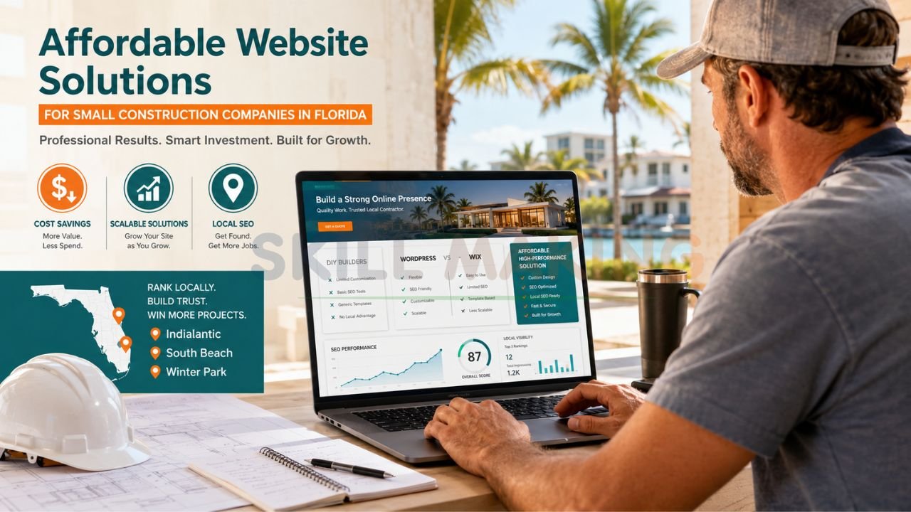 Construction business owner using laptop to compare affordable website solutions and local SEO services for Florida construction companies.