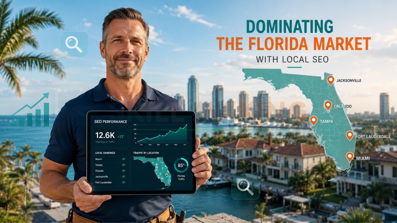 Business owner holding SEO analytics dashboard with Florida local SEO marketing strategy targeting Miami, Tampa, Orlando, Jacksonville, and Fort Lauderdale.