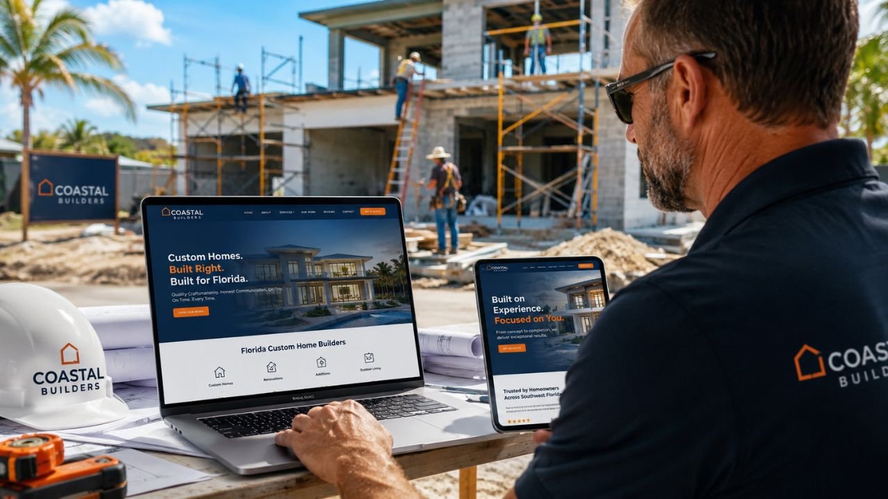 Responsive construction company website design displayed on laptop and tablet at a Florida home construction site