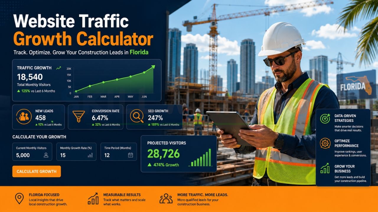 Construction website traffic growth calculator showing SEO growth, lead generation, conversion rates, and projected traffic increases for Florida contractors