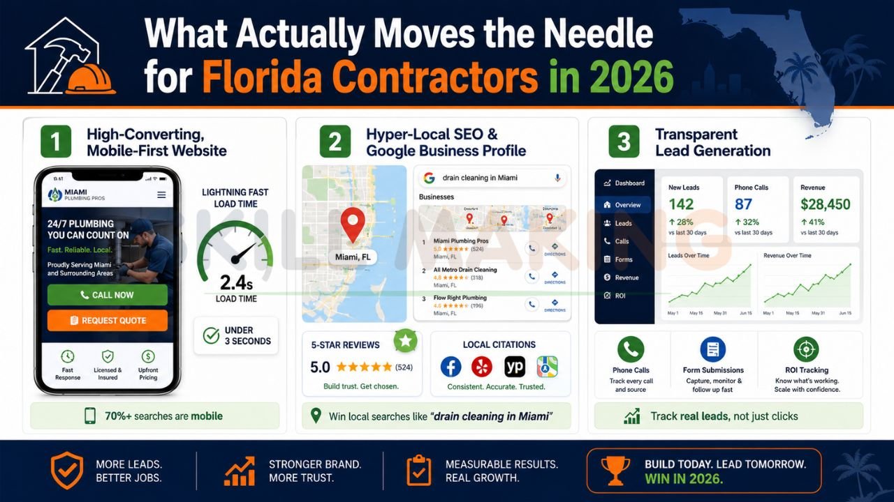 Florida contractor marketing infographic showing mobile-first websites, hyper-local SEO, Google Business Profile optimization, and transparent lead generation strategies