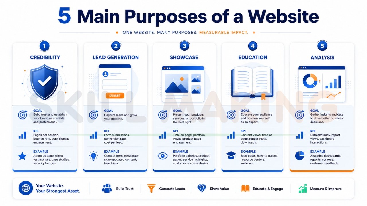 Infographic explaining the five main purposes of a business website