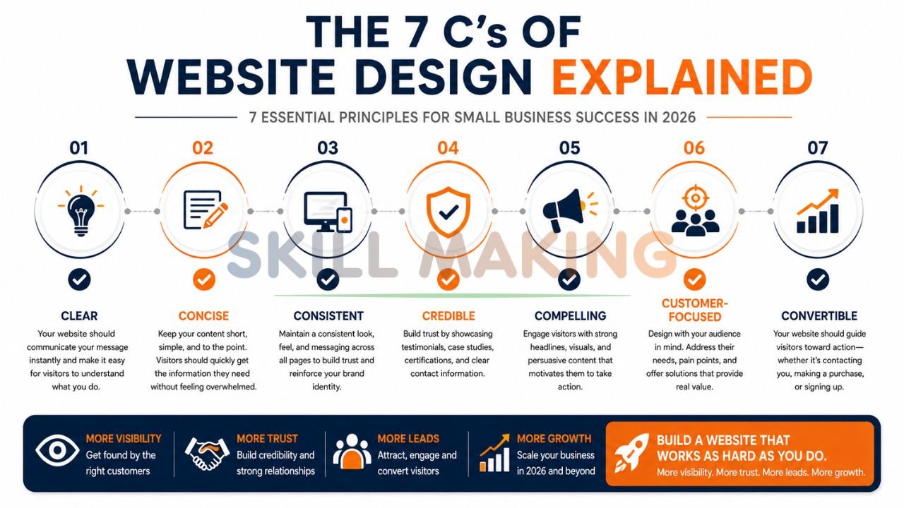 Infographic showing the 7 C’s of a website: Clear, Concise, Consistent, Credible, Compelling, Customer-Focused, Convertible