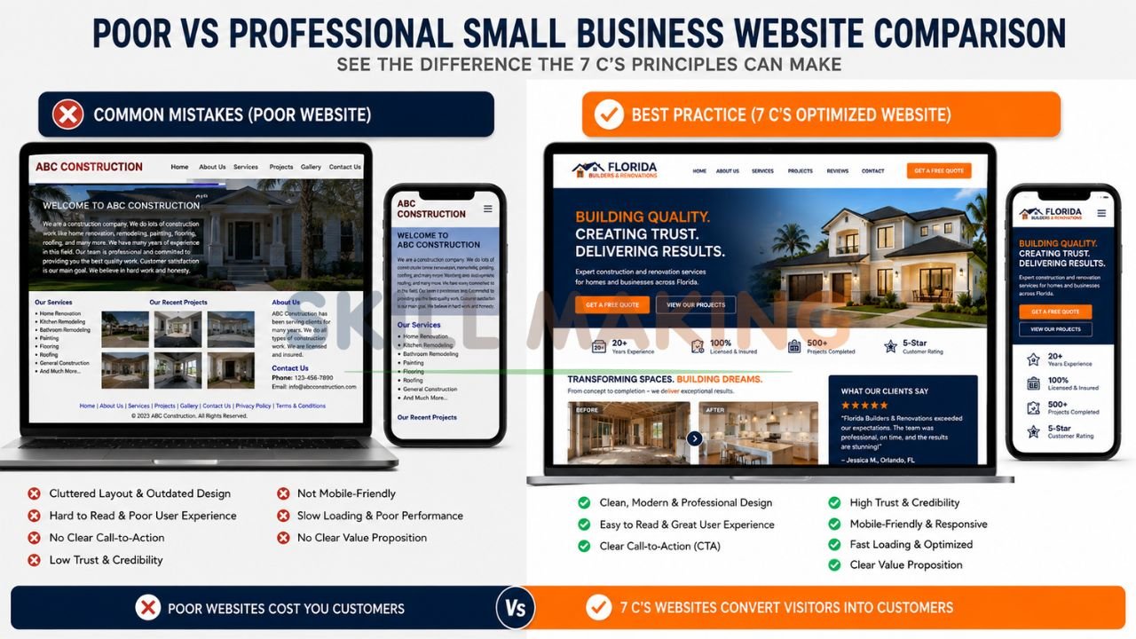 Side-by-side comparison of outdated small business website versus modern 7 C’s optimized website