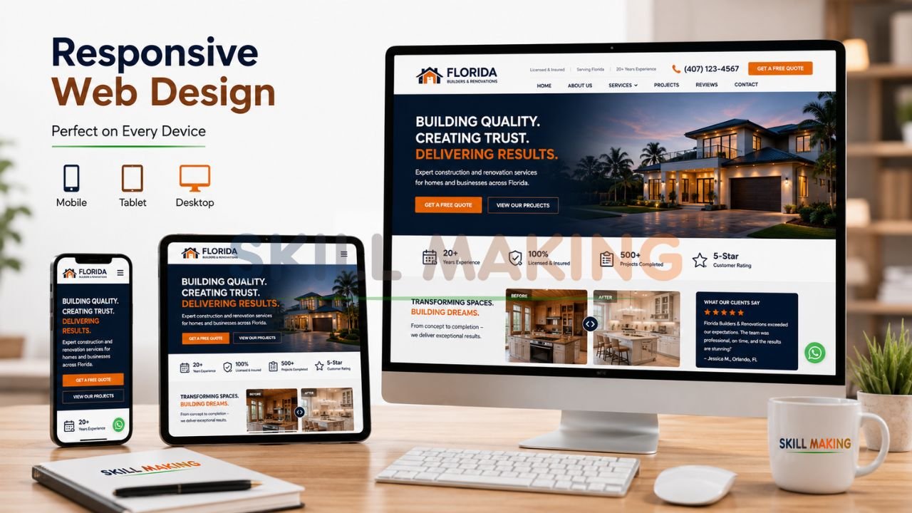 Same website shown perfectly on mobile, tablet, and desktop demonstrating responsive design