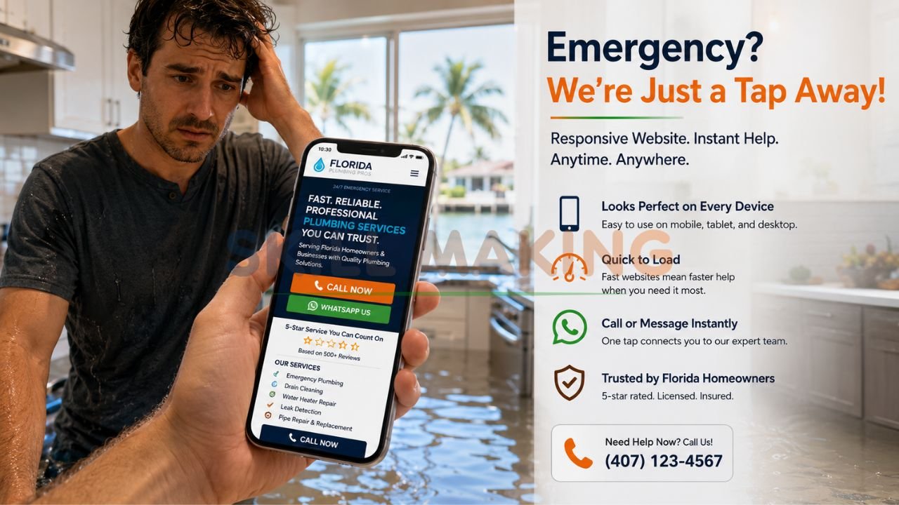 Florida customer on smartphone finding and calling a responsive plumbing or contractor website