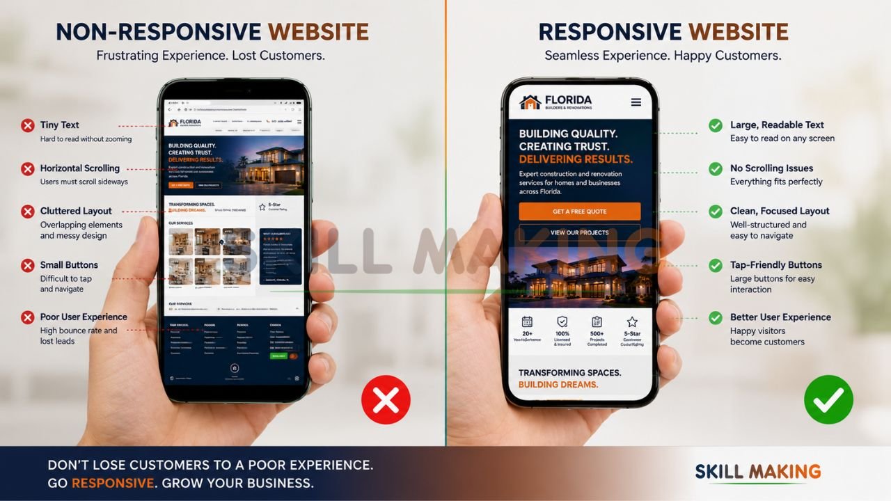 Side-by-side comparison of frustrating non-responsive website versus smooth responsive website