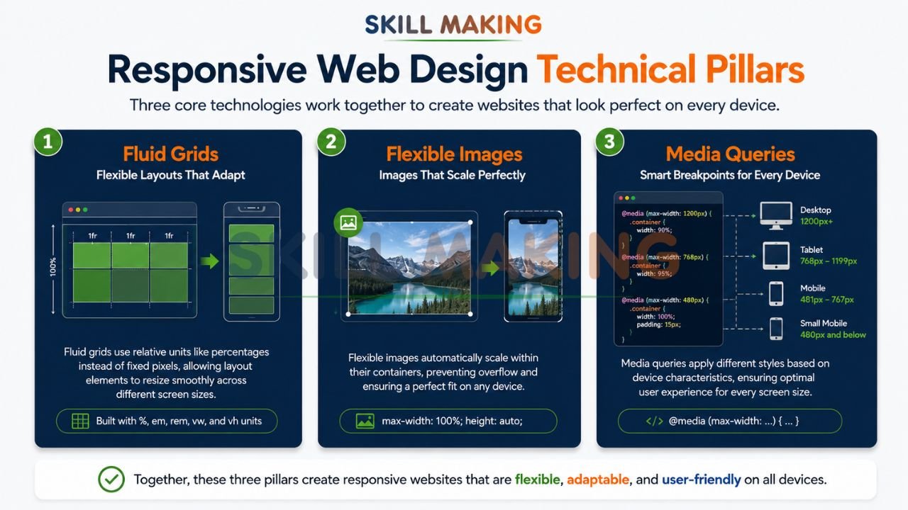 Illustration showing fluid grids, flexible images, and media queries with Skill Making brand colors