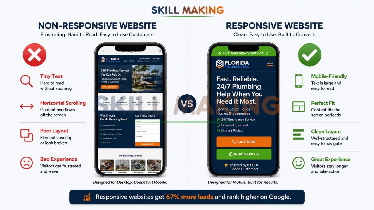 Side-by-side comparison of non-responsive vs responsive website using Skill Making brand colors