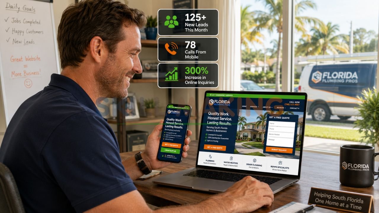 Happy small business owner viewing leads on responsive website with Skill Making branding