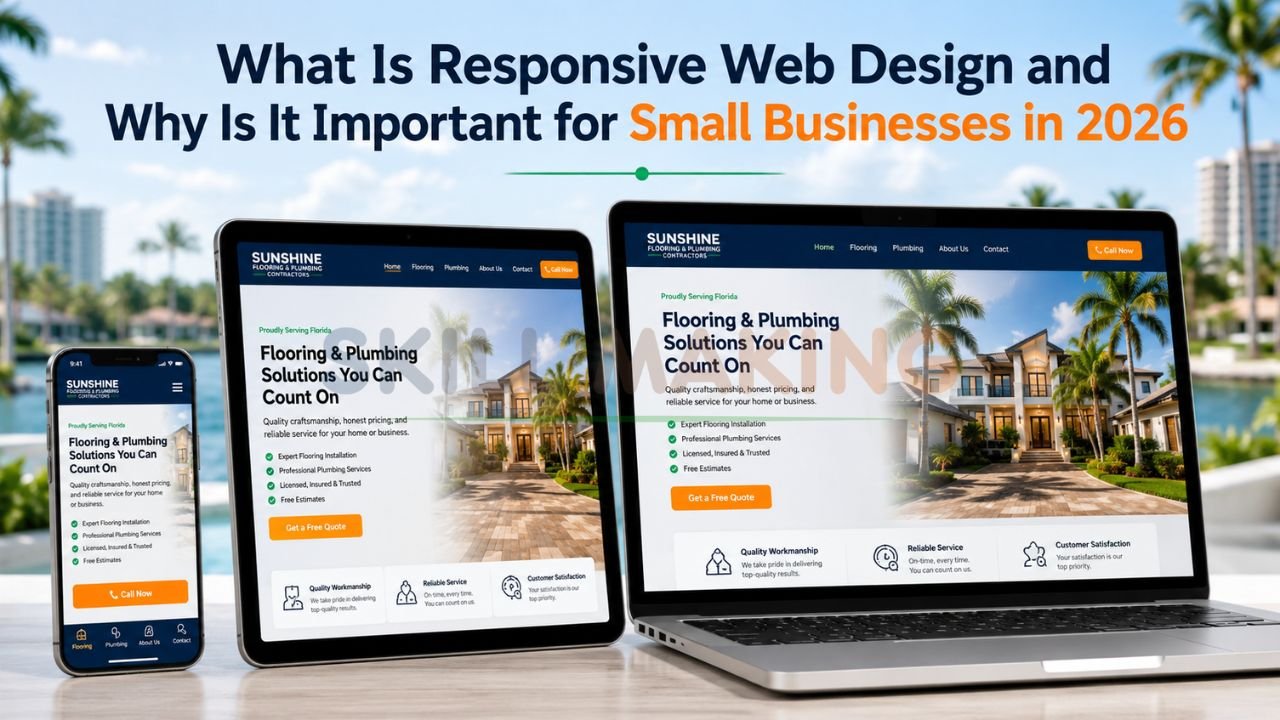 Responsive website displayed perfectly on smartphone, tablet, and laptop with Skill Making brand colors