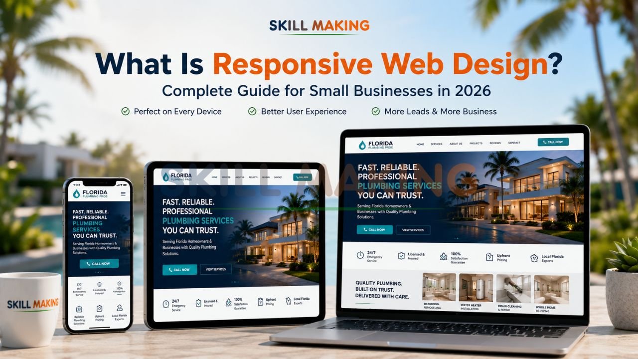 Responsive web design perfectly displayed on smartphone, tablet, and laptop for small business