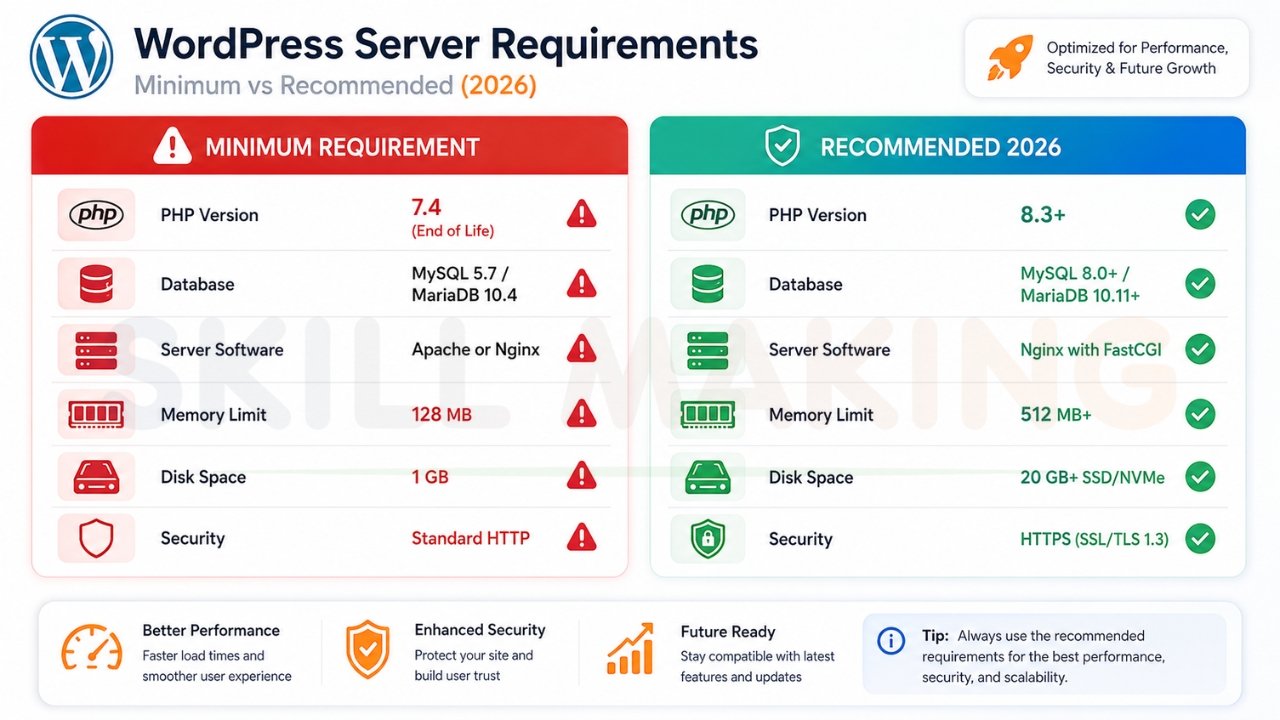 WordPress server requirements comparison chart showing minimum vs recommended hosting configuration for 2026