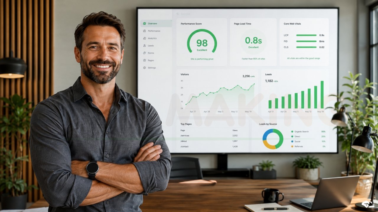 Business owner standing in front of WordPress website performance dashboard showing high PageSpeed score and Core Web Vitals