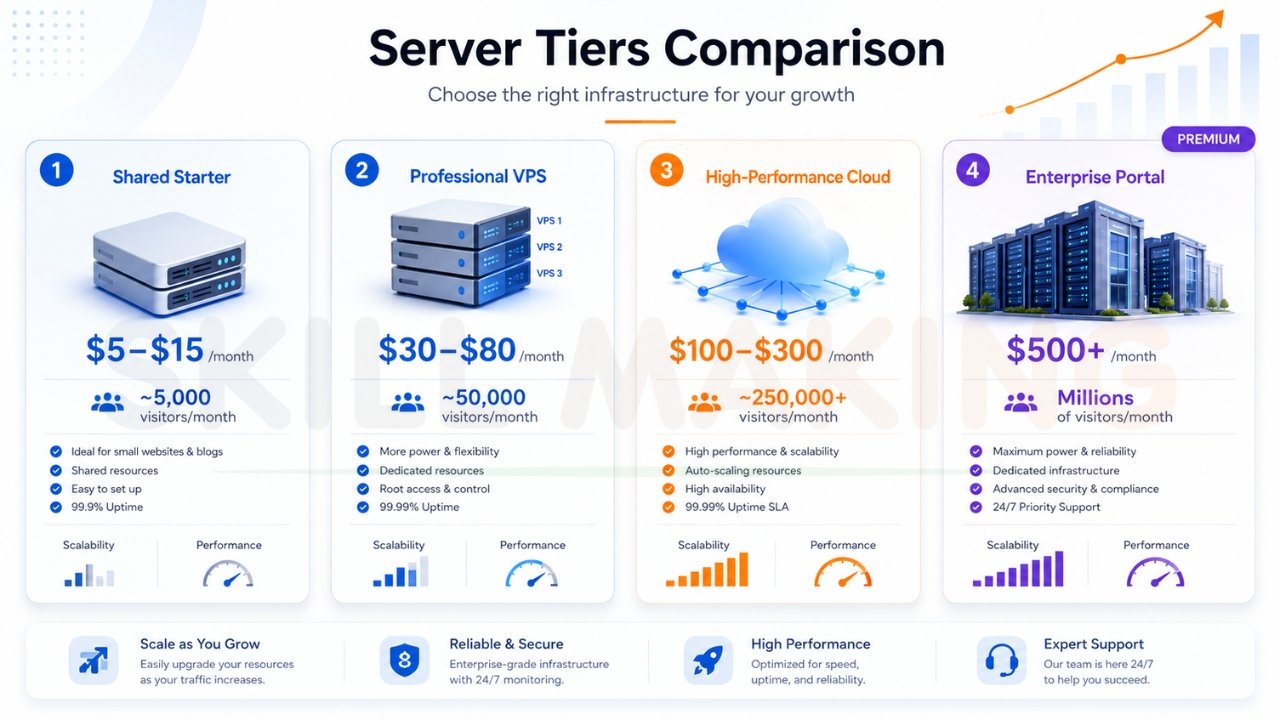 Server hosting tiers comparison chart showing shared hosting, VPS, cloud hosting, and enterprise server pricing and performance
