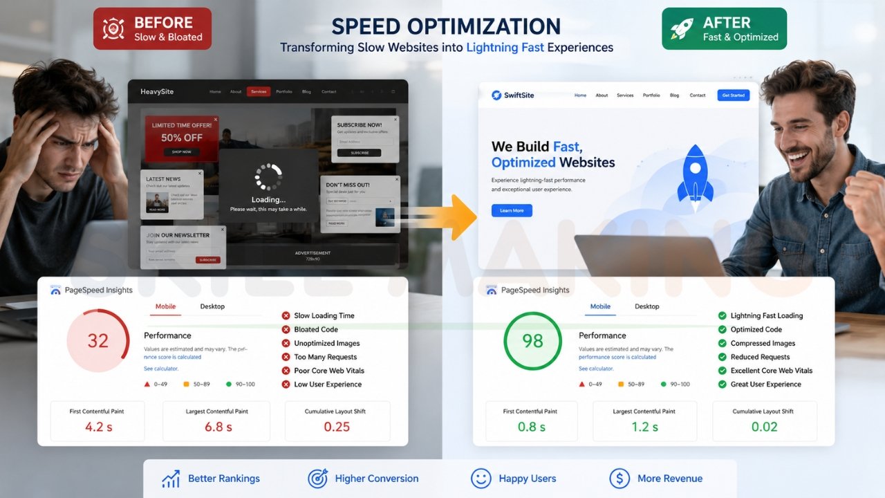Website speed optimization before and after comparison showing PageSpeed improvement from 32 to 98 performance score