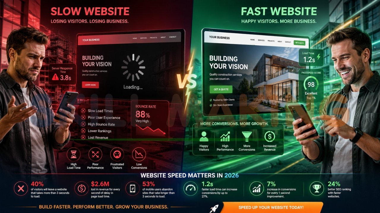 Slow website vs fast website comparison showing improved PageSpeed, faster load times, lower bounce rate, and higher conversions
