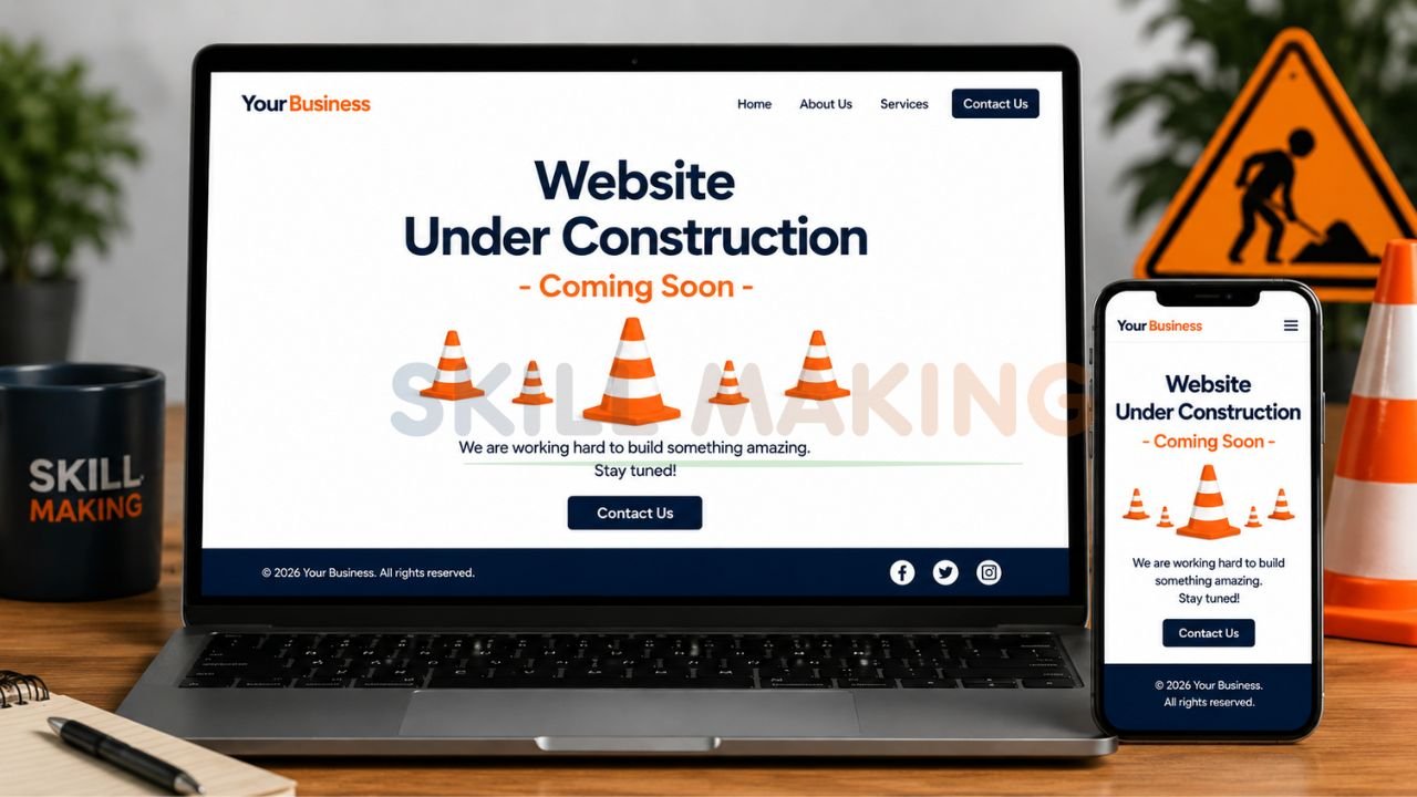 Typical "Website Under Construction" landing page with construction theme