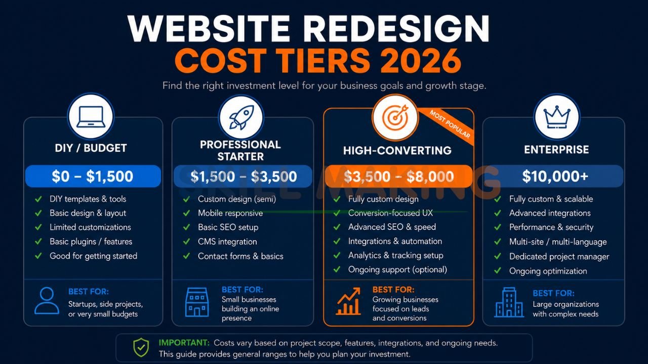Comparison chart showing different tiers and costs of website redesign