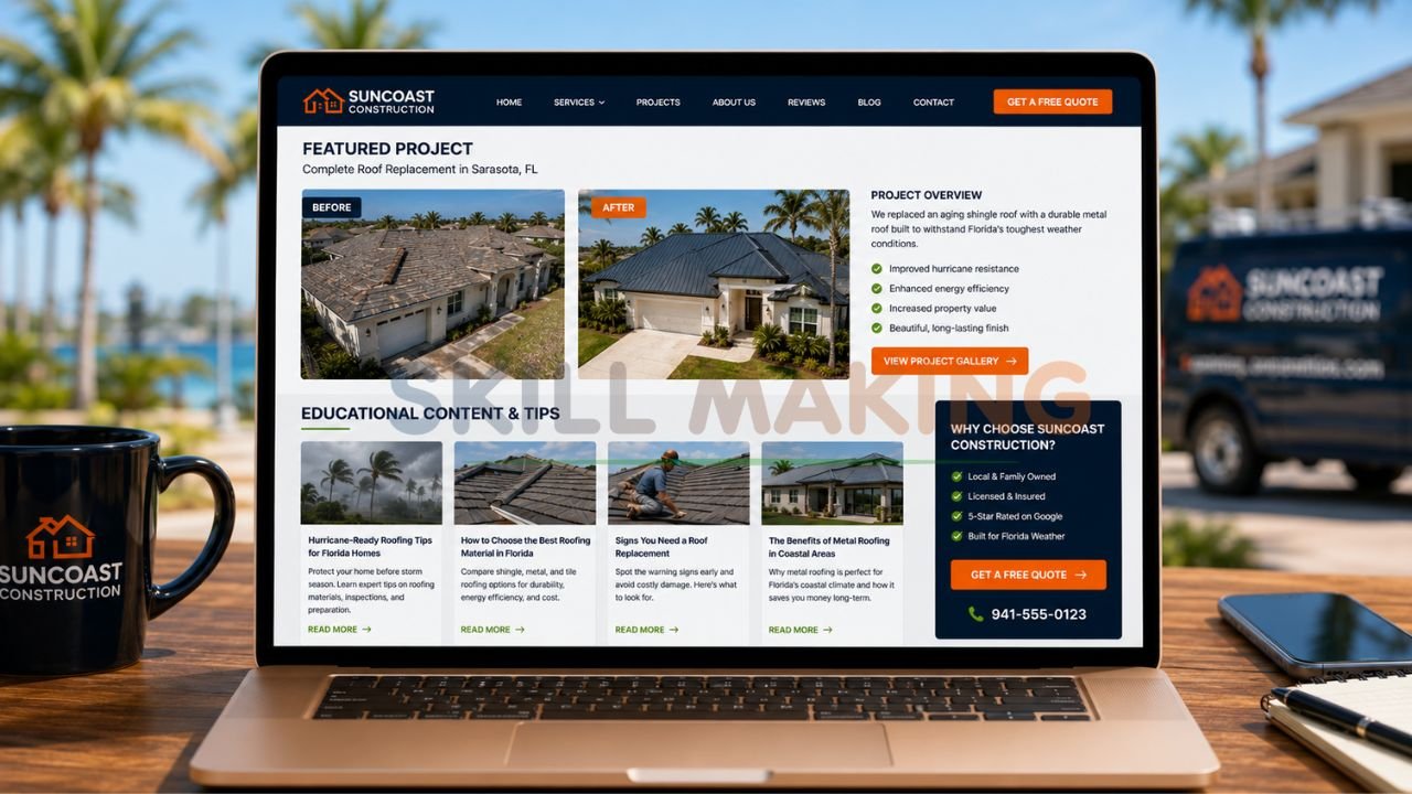 Professional contractor website with before and after project gallery and educational content
